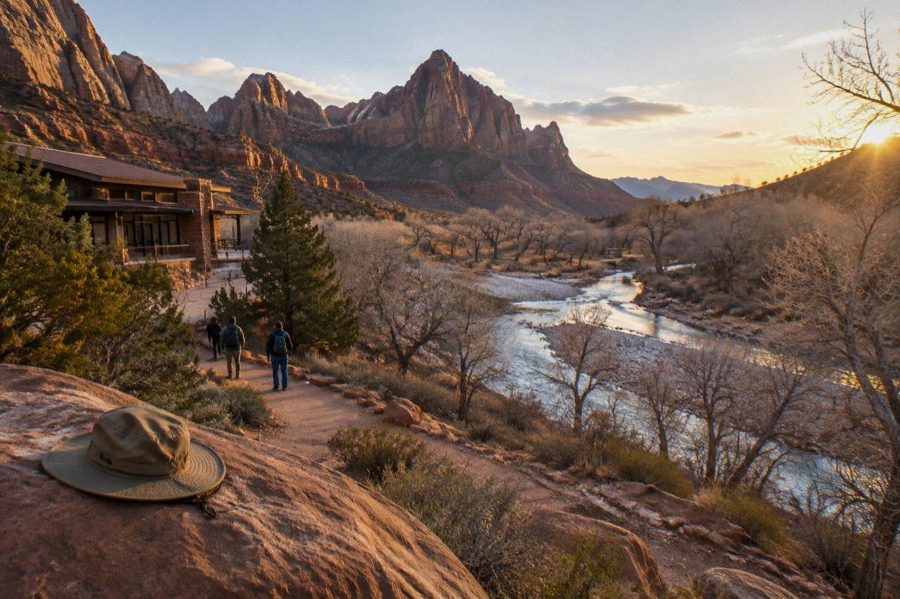 Red rock canyon walls rising above a winding river valley at golden hour