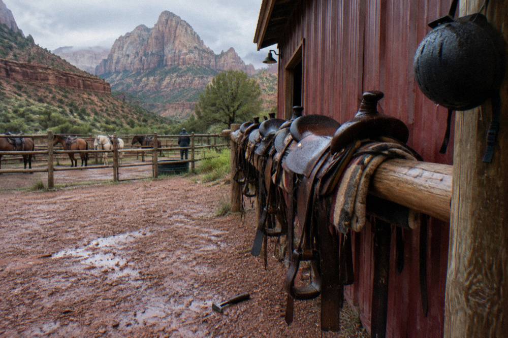 A row of saddles resting on a wooden rail outside a ranch barn