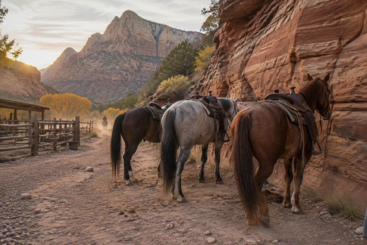 Saddled horses standing rested beside a red rock canyon trail at golden hour
