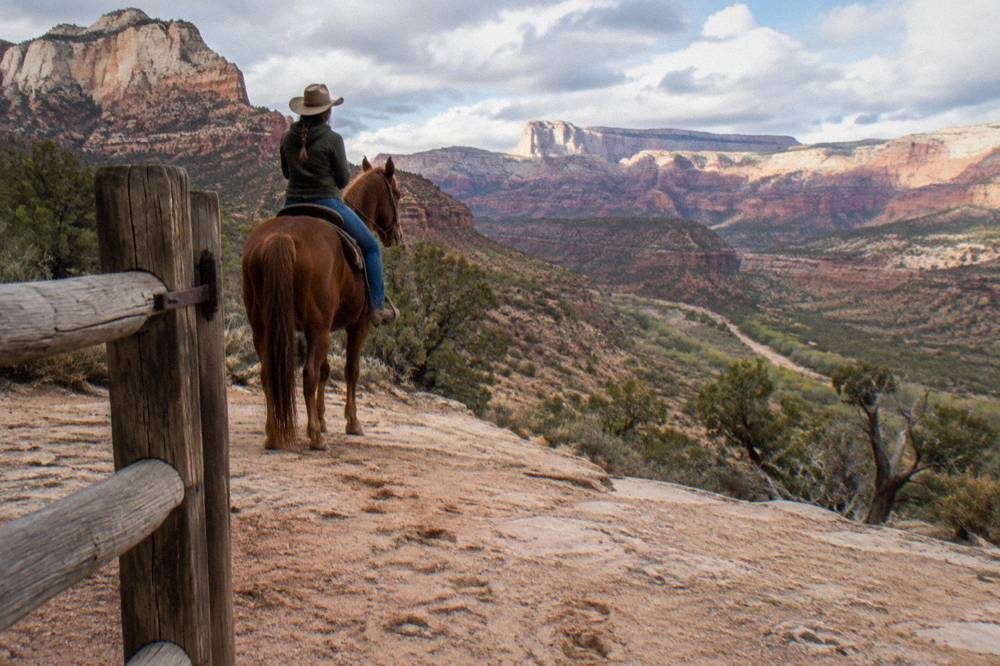 A horse and rider on a sandstone plateau with layered cliffs in the distance