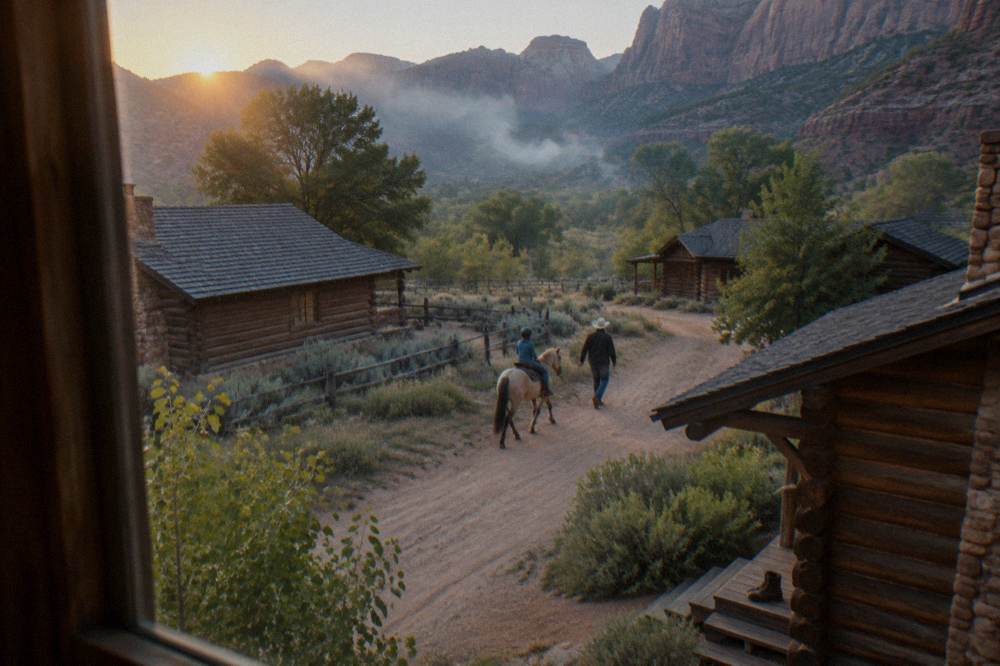 A child on a horse led by a wrangler along a dirt path near cabins