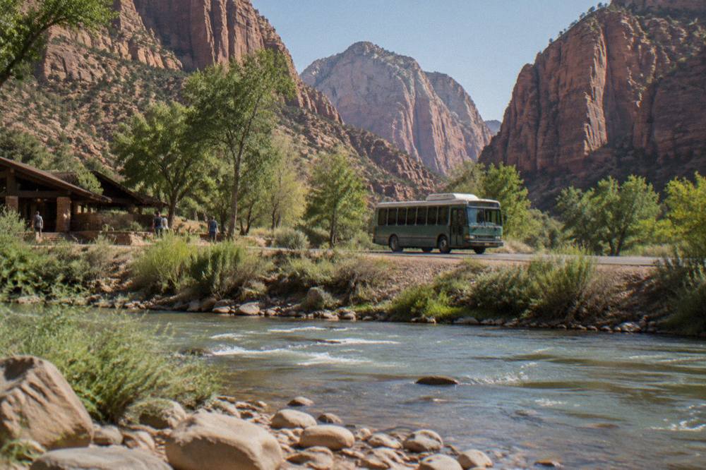 A shuttle bus on a road between tall red rock canyon walls with trees along a river