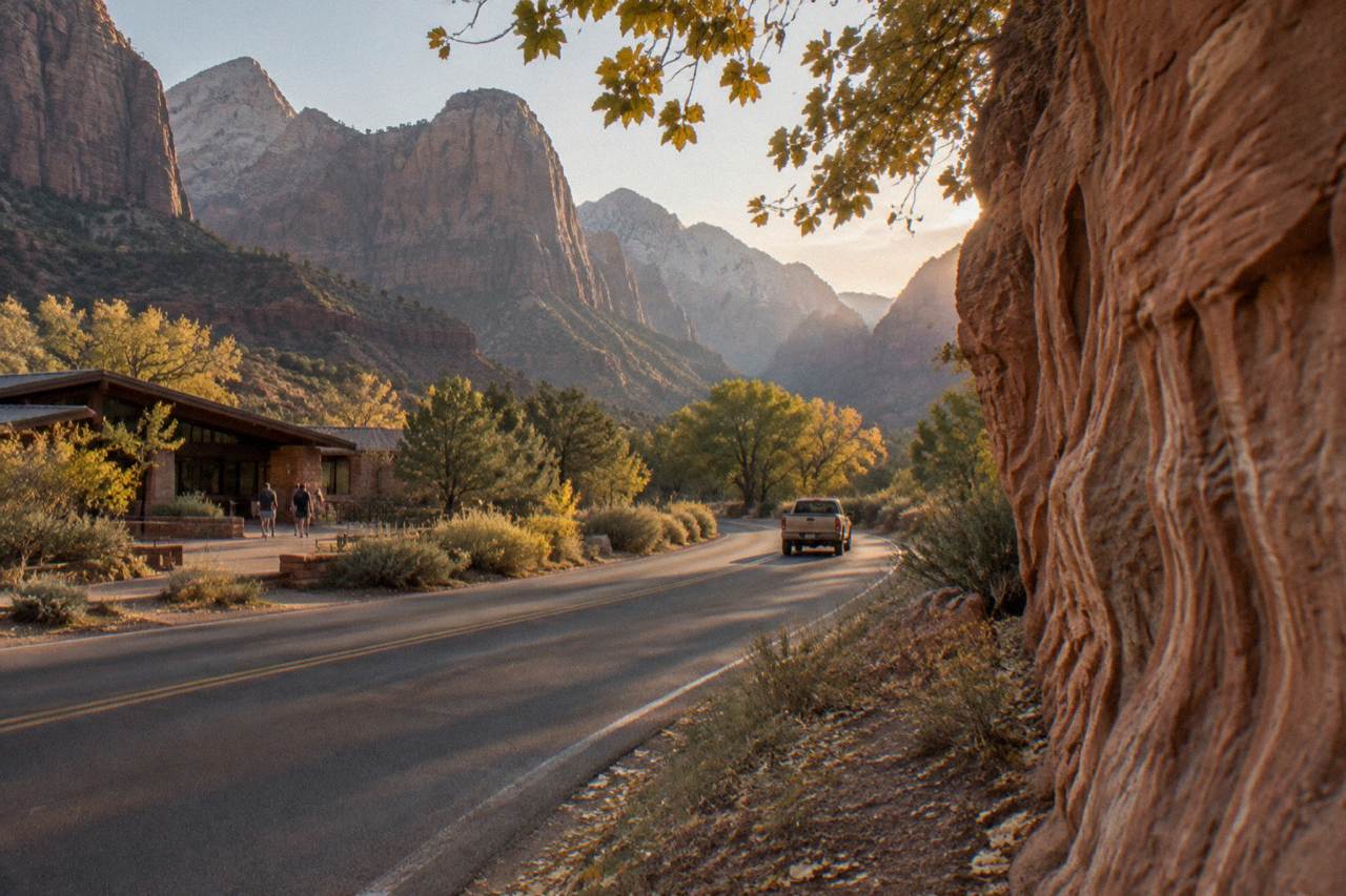 Red rock cliffs rising above a winding canyon road in southern Utah at golden hour