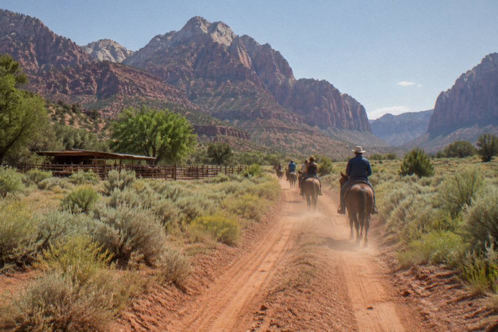 Wide open sage plain with distant canyon rims and a dirt riding track