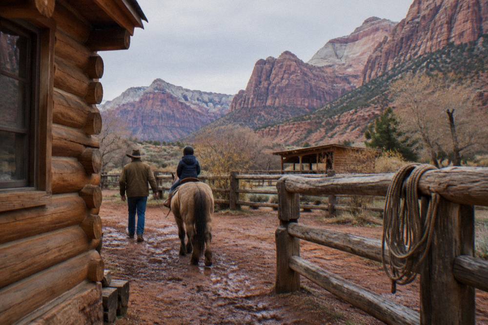 A child on a horse led by a wrangler along a fenced path near cabins
