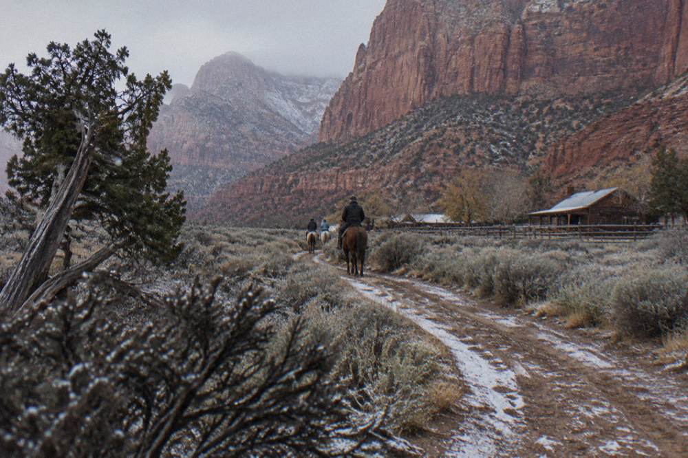 A horse trail winding through sagebrush toward distant cliffs