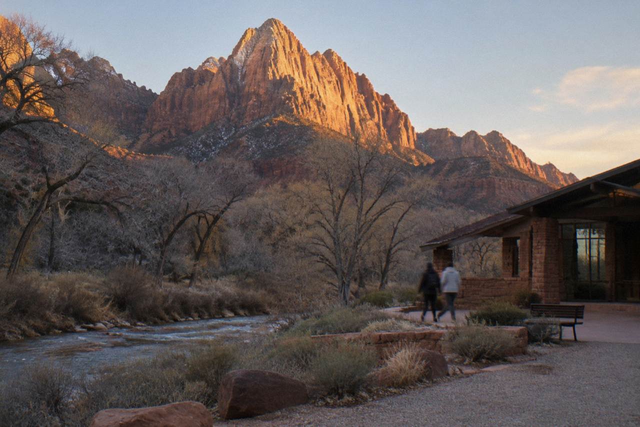 Red rock canyon walls above a tree-lined river valley at golden hour