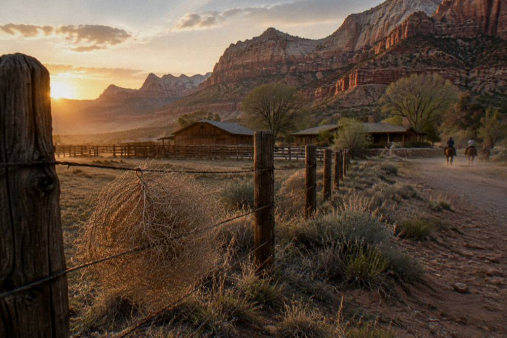 Golden evening light across layered sandstone steps and open range