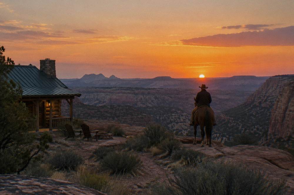 A rider on horseback silhouetted against a wide sunset sky above layered desert plateaus.