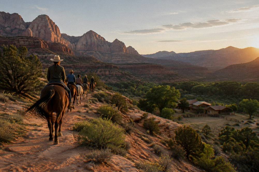 Horses and riders moving single file along a high desert ridge with layered canyon country stretching to the horizon.