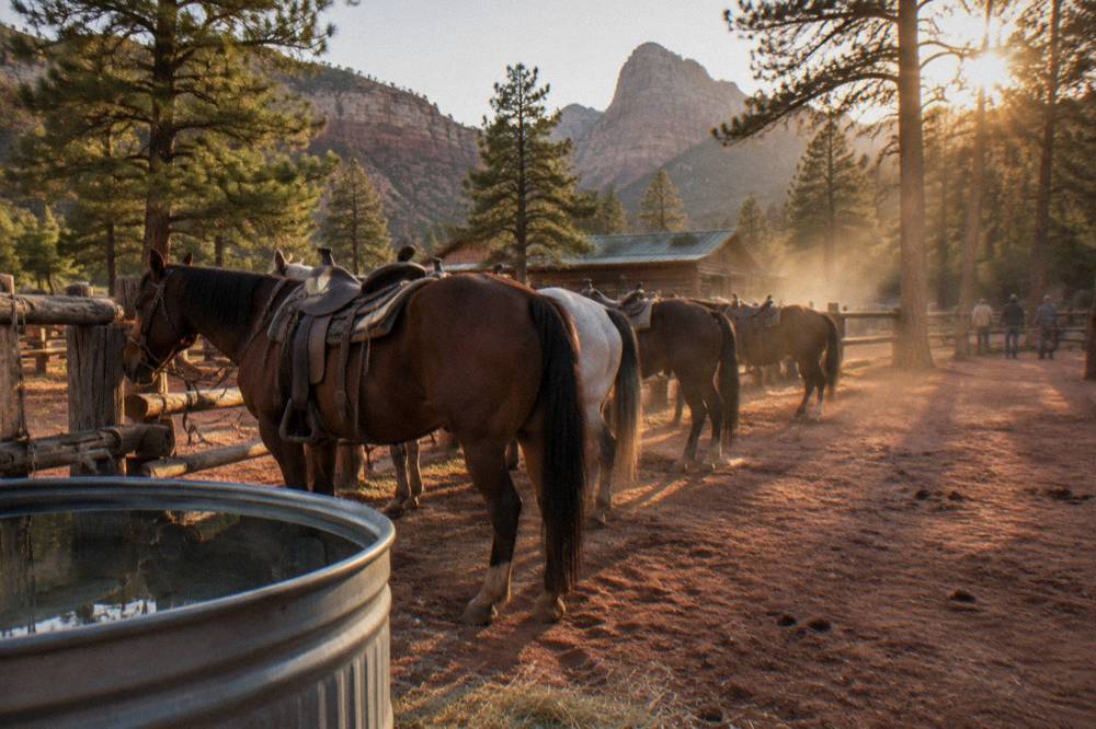 A string of guided riding horses standing in a row at a ranch corral
