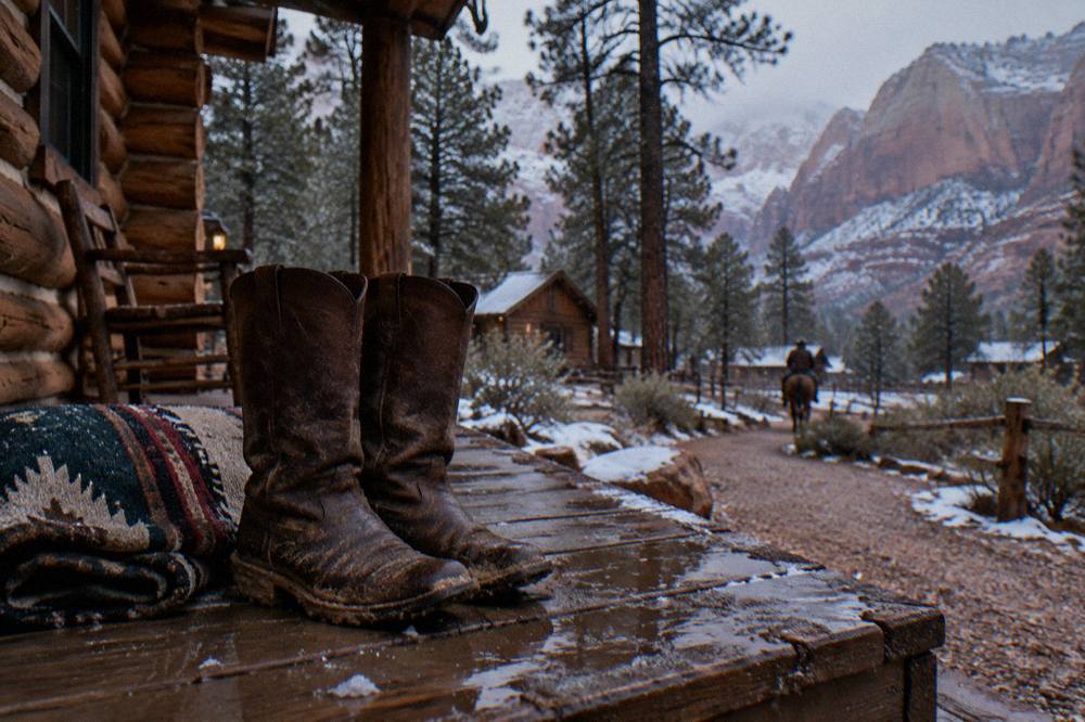 A pair of worn leather riding boots resting on a wooden porch step beside a saddle blanket