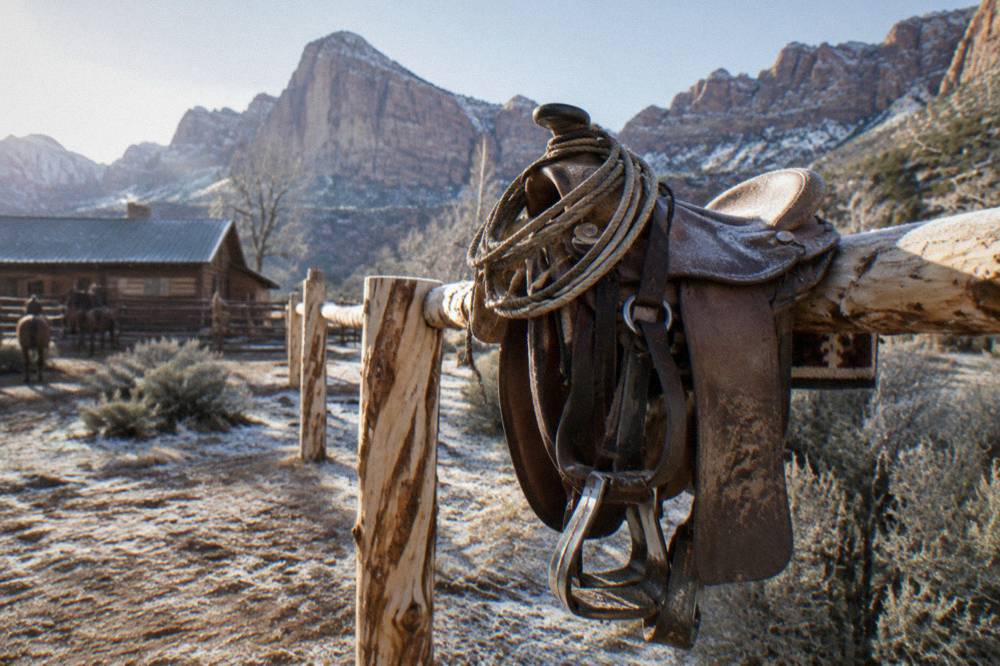 A horse saddle with stirrups and coiled rein hanging from a wooden rail in morning light