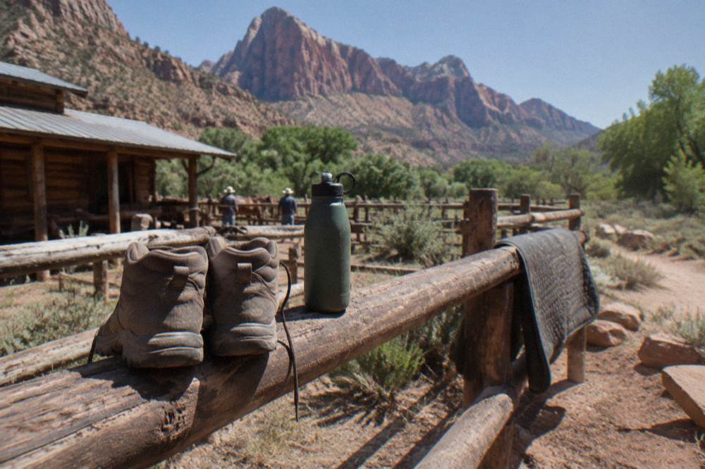 A child's closed-toe boots and a filled water bottle set on a wooden fence rail before a ride