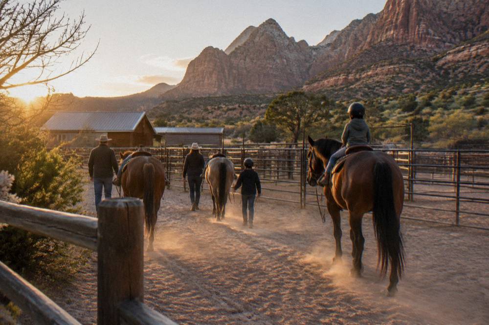 A family walking beside their horses back to the corral after a trail ride at golden hour