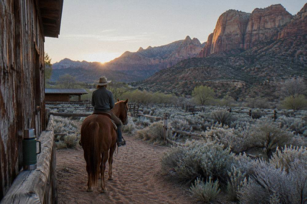 Rider in a long-sleeve shirt and hat sitting on a horse at a desert trailhead in morning light