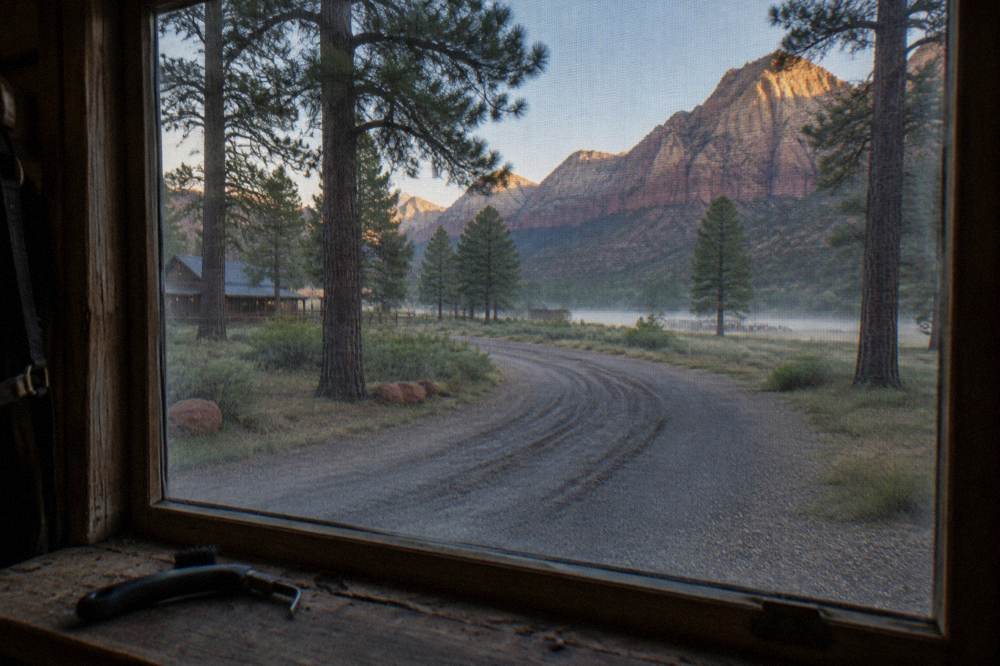 Empty gravel ranch road curving toward distant canyon cliffs at dawn