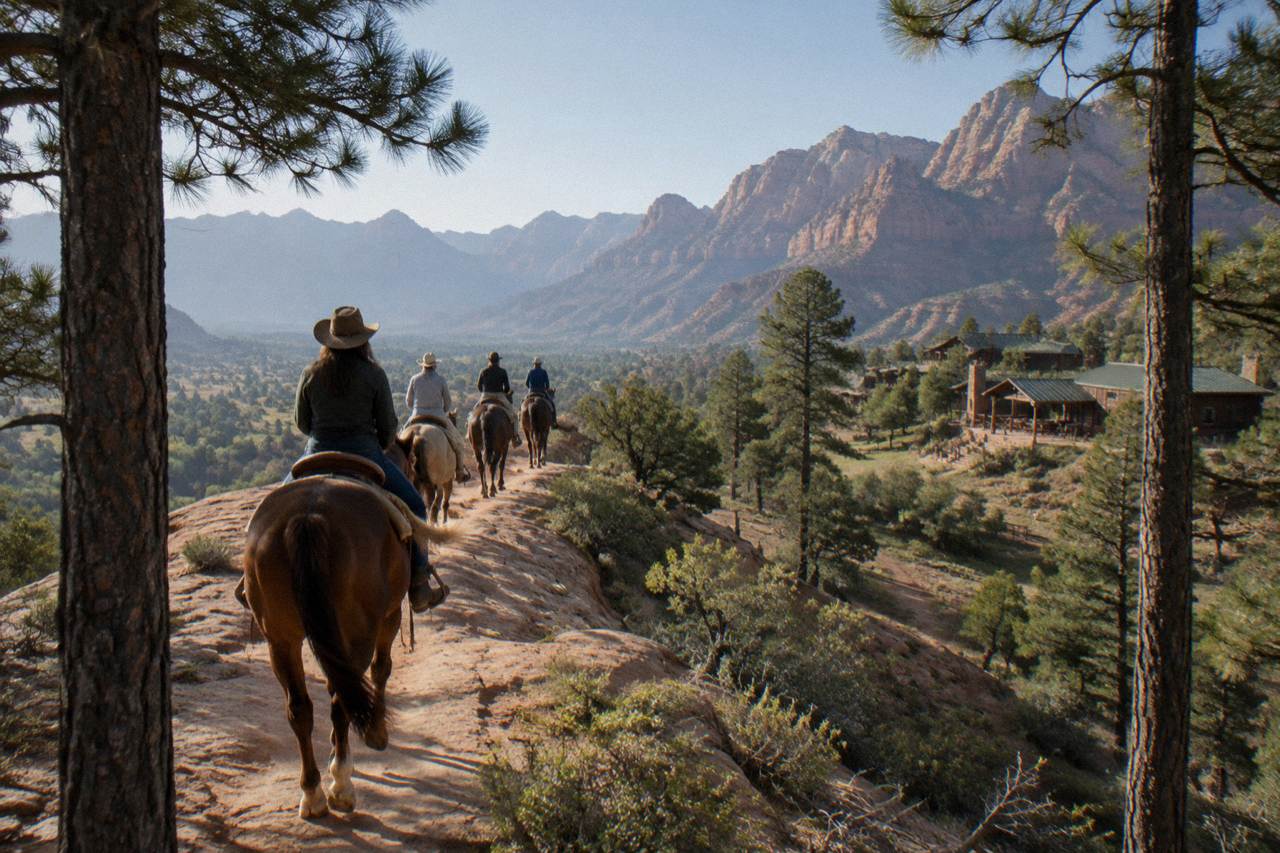 Horseback riders on a sandstone ridge above a wide desert valley near Zion