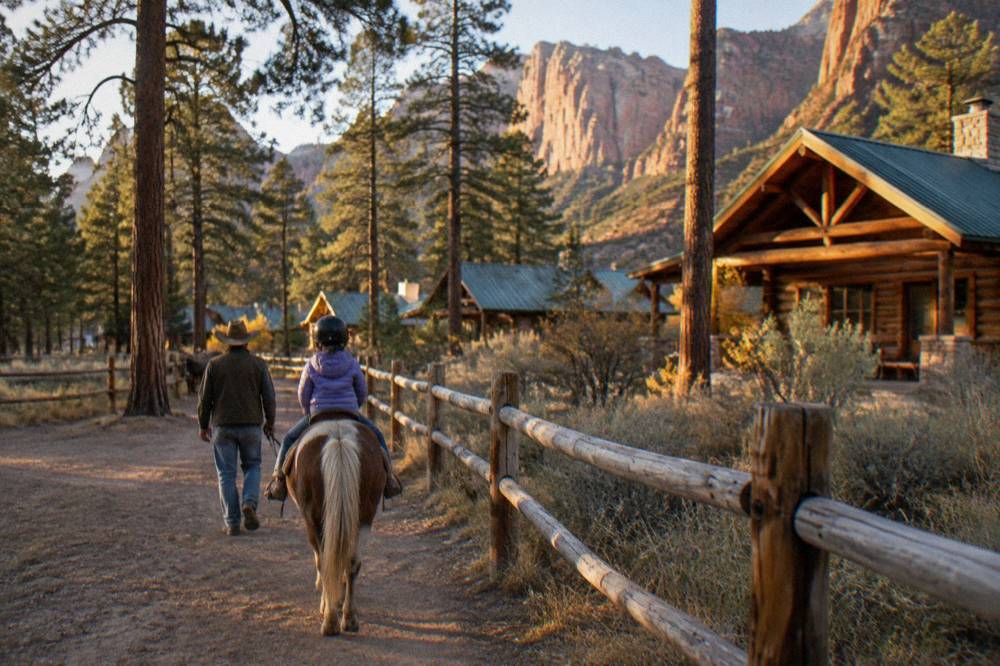 A child on a horse led by a wrangler along a fence line near log cabins