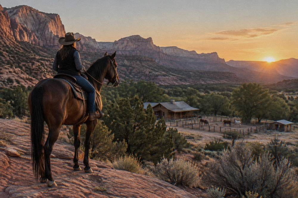 A rider on a tall horse overlooking a wide plateau of layered rock at sunset