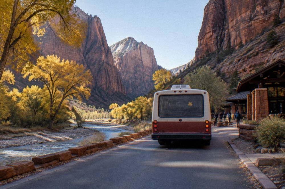A shuttle bus driving on a road between sheer canyon walls with trees along the river bank.