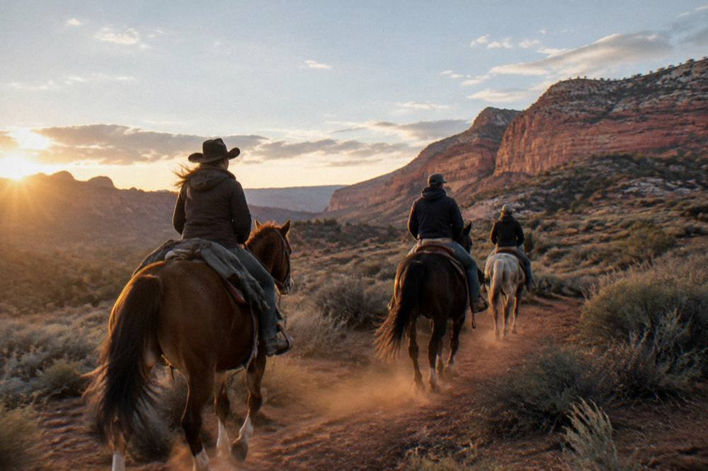 Riders on horses crossing an open sage plain with layered mesas glowing orange at sunset.