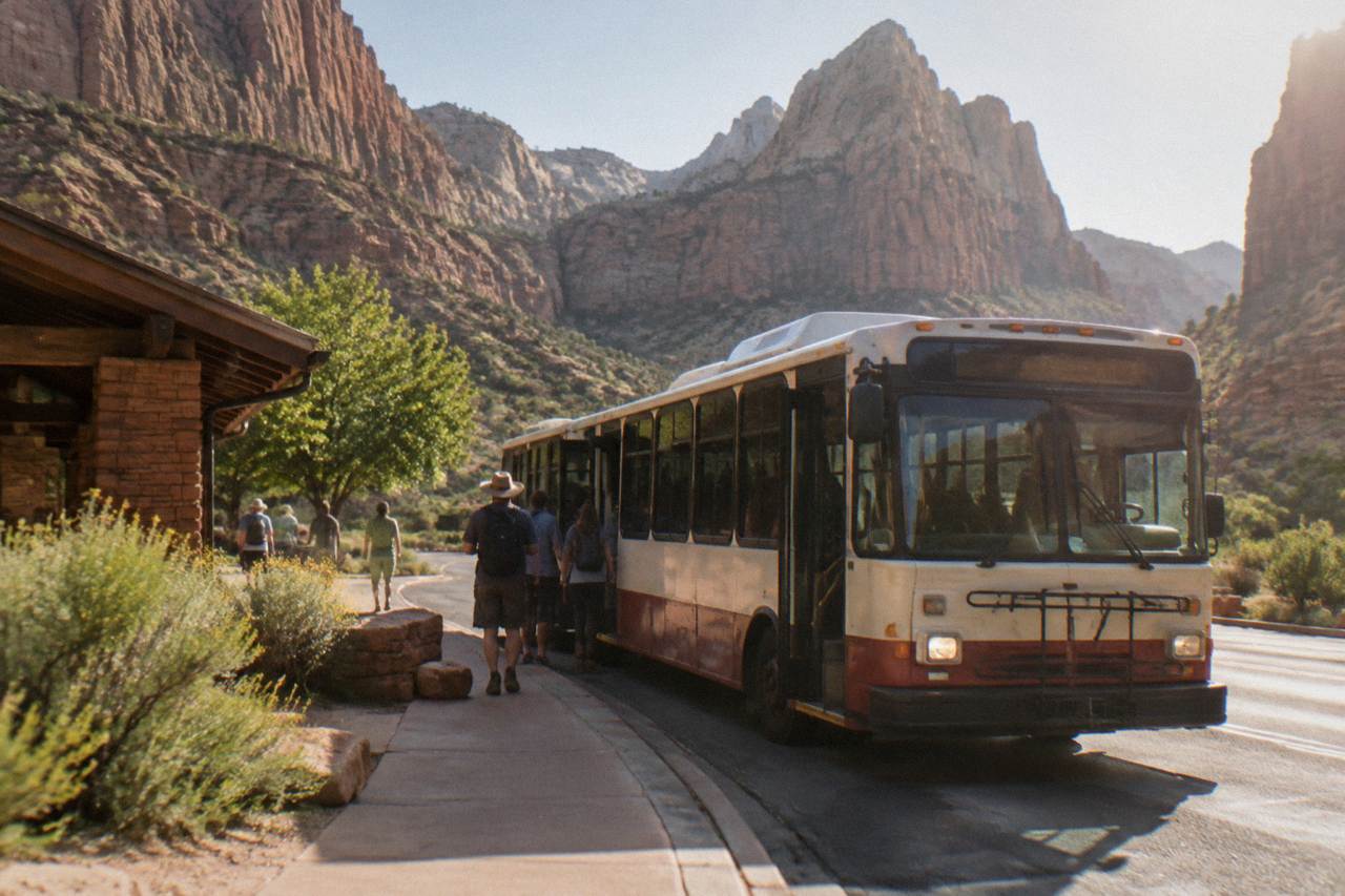 A propane shuttle bus parked at a stop beneath tall red rock cliffs in a desert canyon.